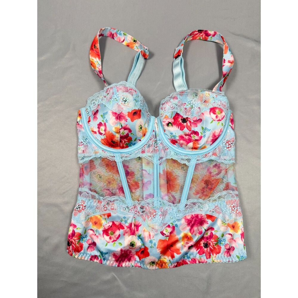 Victoria’s Secret Blue Floral Lace Mesh Corset Top Bustier Camisole Sz XS